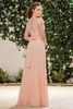 Peach Chiffon A-Line Bridesmaid Dress Long V-Neck Cap Sleeve Beach Garden Wedding Party Gowns Lace Top Elegant Floor Length Prom Evening Wear