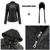 Women's Leather Spring And Autumn Quality Pu Washed Hooded Jacket Large Fit Black Windproof Sports Coat