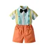 Clothing Sets 2022 Toddler Baby Stripe Printing Two-pieces Set Kid Boy's V-neck Short Sleeve Shirt Suspender Pants Children's