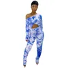 Pantaloni a due pezzi da donna Tie Dye Tuta da donna Set Abbigliamento Manica lunga Monospalla Crop Top e leggings impilati Outfifs Completo sportivo