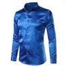 Men's Casual Shirts Luxury Royal Blue Satin Shirt Men Crystal Button Dress Mens Long Sleeve Wedding Prom Tuxedo