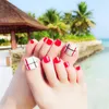 False Nails 24Pcs Pretty Summer Beach Toes Rhinestone Pre-design Full Cover Red Foot Artificial Fake With Glue Nail Beauty