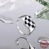 Cluster Rings 2022 Trend Cool Black White Grid Band Ring For Women Original 925 Silver PAN Jewelry Gift