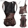 Bustiers korsetter Sexig l￤der Bustier Steampunk Corset Steel Boned Corselet Overbust Lace Up Women Vest midje Cincher Black Plus Size 6xl