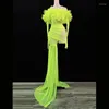 Stage Wear Neon Green Mesh Flower Dress Sexy Transparant Long Train Costume Birthday Prom Celebrate Outfit Night Club DJ