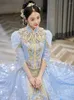 Ethnic Clothing 2022 Bride Sparkly Blue Sequins Wedding Dress Chinese Style Vintage Mandarin Collar Cheongsam Toast