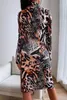 Повседневные платья Женщины сексуальные дизайнерские текстура припечаток Midi платье 2022 весна осенние леопардовые длинные рукава