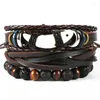 Charm Armband Men#39; s Retro Woven Cowhide Suit Armband Dog Tooth Three-Piece Multi-Layer Casual Leather Hand-Woven