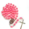 Rose en plastique chapelet collier jaune rose Long jésus croix pendentif catholique bijoux pour hommes femmes