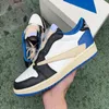 TS x Jumpman 1 Low Basketball Shoes Authentic Mens Womens fragment Hip hop The designer Black white blue Soft leather Outdoor Fashion