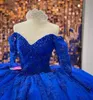 Royal Blue Quinceanera -jurken met kanten applique kralen van de schouderbaljurk lange mouwen Zoet 16 verjaardagsfeestje prom Formal avond slijtage Vestidos