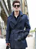 Vestes pour hommes Denim coupe-vent classique moyen long double rangée bouton sans fade chaleur épaissie mode britannique manteau noir mode masculine 220930
