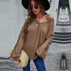 Women's Sweaters Fashion Women's Knitted Top 2022 Fall Winter Lace Stitching V Neck Long Sleeve Sexy Loose Sweater For Female Solid