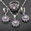 Ketting oorbellen set paarse zirkonia kristallen kostuum zilveren kleur voor vrouwen bruiloft oorring ring qz0437