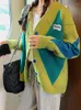 Dames truien dames diamanten trui jas groene mode top dames lente herfst losse retro short plaid v-neck gebreide breinting