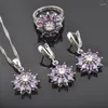 Halsbandörhängen Set Purple Zirconia Crystal Costume Silver Color for Women Wedding Earring Ring QZ0437