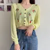 Women's Knits Heliar Women Knitted Crop Cardigan Top Cherry Embroidery Button Front Placket V Neck Sweet Tops Puff Sleeve Summer