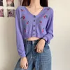 Women's Knits Heliar Women Knitted Crop Cardigan Top Cherry Embroidery Button Front Placket V Neck Sweet Tops Puff Sleeve Summer