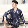 Men's Sleepwear Navy Blue Men Satin Long Sleeve Pajama Set Oversize 3XL Male Nightwear Ics Silk Casual Home Wear 2PCS Pijama Pyjamas