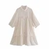 Casual Dresses 2022 Women&#39;s Fashion Color Wave Point Lapel Single Row Buttons 3/4 Sleeve Shirring Mini Dress