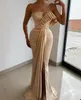 2023 Champagne Mermaid Prom Dresses Ruffles Sparkly Tassel Slit Custom Made One Shoulder Spaghetti Stems Evening Gown Formal OCN Wear Vestidos Plus Size 401 401