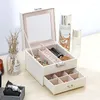 Jewelry Pouches Organizer Box With Mirror Holder White Black Red Casserge Embroidery Soft Makeup Case Wooden Boxes Display
