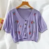 Women's Knits Heliar Women Knitted Crop Cardigan Top Cherry Embroidery Button Front Placket V Neck Sweet Tops Puff Sleeve Summer