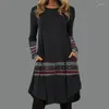 Casual Dresses Women Vintage Pattern Print Party Loose A Line Irregular Pullover Ladies Fashion Pocket Autumn Dress