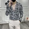 Men's Casual Shirts Men V-Neck Zebra Pattern Blouse Shirt Streetwear Slim Fit Printed Chemise Homme Manche Longue Daily Prom Tuxedo Dress