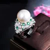 Bröllopsringar Beaqueen Luxury Band White Gold Color Big Open med Pearl Shiny Green Cubic Zirconia Pave Jewelry for Women R121