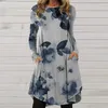 Casual Dresses Women Vintage Pattern Print Party Loose A Line Irregular Pullover Ladies Fashion Pocket Autumn Dress