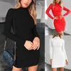 Casual Dresses Sexy Bodycon Dress Turtleneck Solid Ruched Basic 2022 Summer Red Black High Neck Short Autumn Long Sleeve Women #963