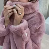 Womens Fur Faux Winter Women Rabbit Coat Loose Lång stor storlek Huva över tjock varm kvinnlig plysch S 220930