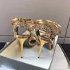Mirror leather and crystal pointed gemstone sandals gold winding bandage 101mm women's luxury designers street style shoes factory footwear