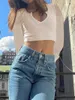 T-shirts pour femmes Femmes Sexy Y2k Crop Tops Manches longues Vintage 90sV-Col T-shirts ajustés E-girl Basic Slim Tricoté Streetwear