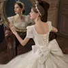 2023 Luxury Crystal Beading Wedding Dress long lace Scoop Neck A Line Bridal Gowns with bow Sweep Train Custom Made Dresses