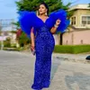 Party Dresses Royal Blue Sequined Mermaid Prom With Puffy Sleeves Aso Ebi Cocktail Gowns Evening Dress Plus Size African Women