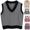 Women's Vests Women Fashion Houndstooth Loose Knitted Vest Sweater Vintage Sleeveless Side Vents Female Waistcoat Chic Tops