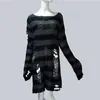 Women's Sweaters Plus Size Punk Gothic Long Unisex Sweater Dress Cool Hollow Out Hole Broken Jumper Loose Rock Thin 2022 Women Man Striped