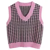 Damenwesten Frauen Mode Hahnentritt lose gestrickte Weste Pullover Vintage ärmellose Seitenschlitze weibliche Weste schicke Tops