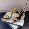 Mirror leather and crystal pointed gemstone sandals gold winding bandage 101mm women's luxury designers street style shoes factory footwear