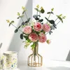 Decorative Flowers Artificial High Quality With Vase For Home Decoration Needlework Peony Wedding Bouquet Fake Plants Silk Eucalyptus Leaf