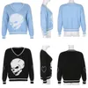 Suéteres para mujer CDJLFH Invierno Mujeres Punto Estilo coreano V Cuello Manga larga Jersey Suéter Harajuku Moda Blanco Cráneo Impresión Jumper