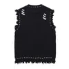 Coletes masculinos com suéter de malha angustiado masculino Ventte de rua Vintage Vintage Harajuku Hole Fringed Fingled Sleesess tamanho pullover casual unissex