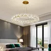 Candelabros de cristal transparente, lámpara LED redonda para sala de estar, restaurante, dormitorio, lámpara colgante de alambre de Metal dorado, bombilla G4 ajustable reemplazable