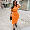 Work Dresses Ajoc Fall Winter 2 Piece Set Short Sleeve Crop Top Lace Up Midi Dress Back Split Women Sexy Outfits Streetwear Matching Sets