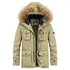 Mäns ner Winter Men's Fleece Parka Jacka Cotton Multi-Pocket Outdoor Hooded Casual Thick Coat 5xl 6xl