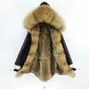 Women's Fur OFTBUY 2022 Long Parka Real Coat Winter Jacket Women Natural Collar Hood PU Leather Sleeve Lliner Outerwear