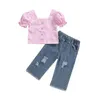 Ensembles de v￪tements petites filles 2 pcs pantalons ensembles ￠ manches bouffantes courtes t-shirt ￠ rayures ￠ manches brouill￩es d￩chir￩es en denim ￩t￩ confortable