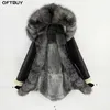 Women's Fur OFTBUY 2022 Long Parka Real Coat Winter Jacket Women Natural Collar Hood PU Leather Sleeve Lliner Outerwear